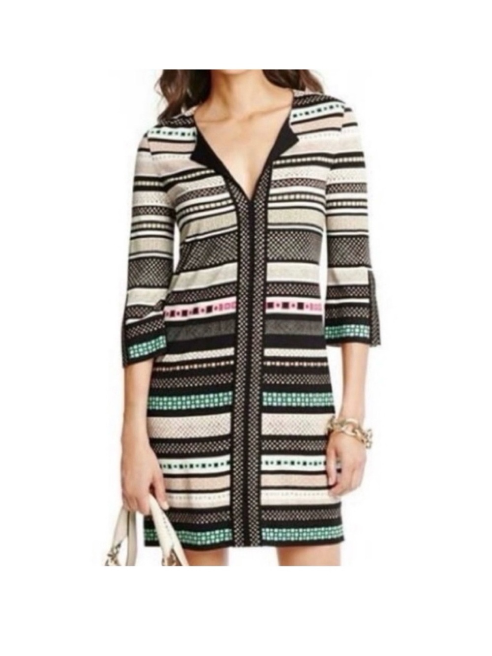 Diane von Furstenberg Black, Cream, Mint & Pink Geometric Knit Dress